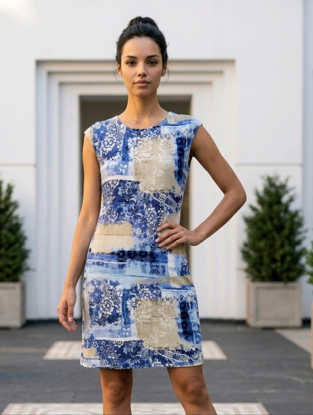 Chico’s Blue Cream Patchwork Midi Dress Sleeveless Flowy Jersey 2 L